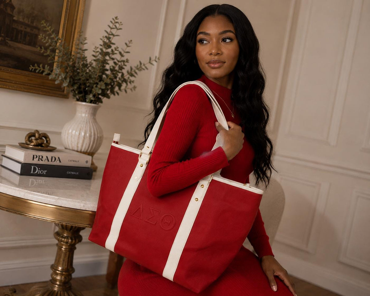 Delta Sigma Theta Cowhide Leather Tote Bag with Laptop Sleeve | Work Bag for Women