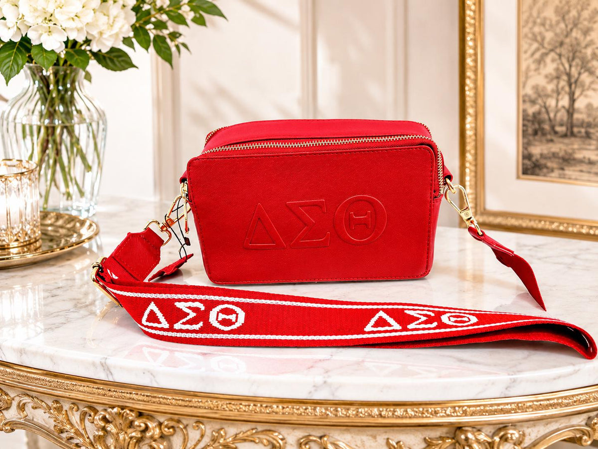 Delta Sigma Theta Red Leather Crossbody Bag | Adjustable Strap Camera Purse