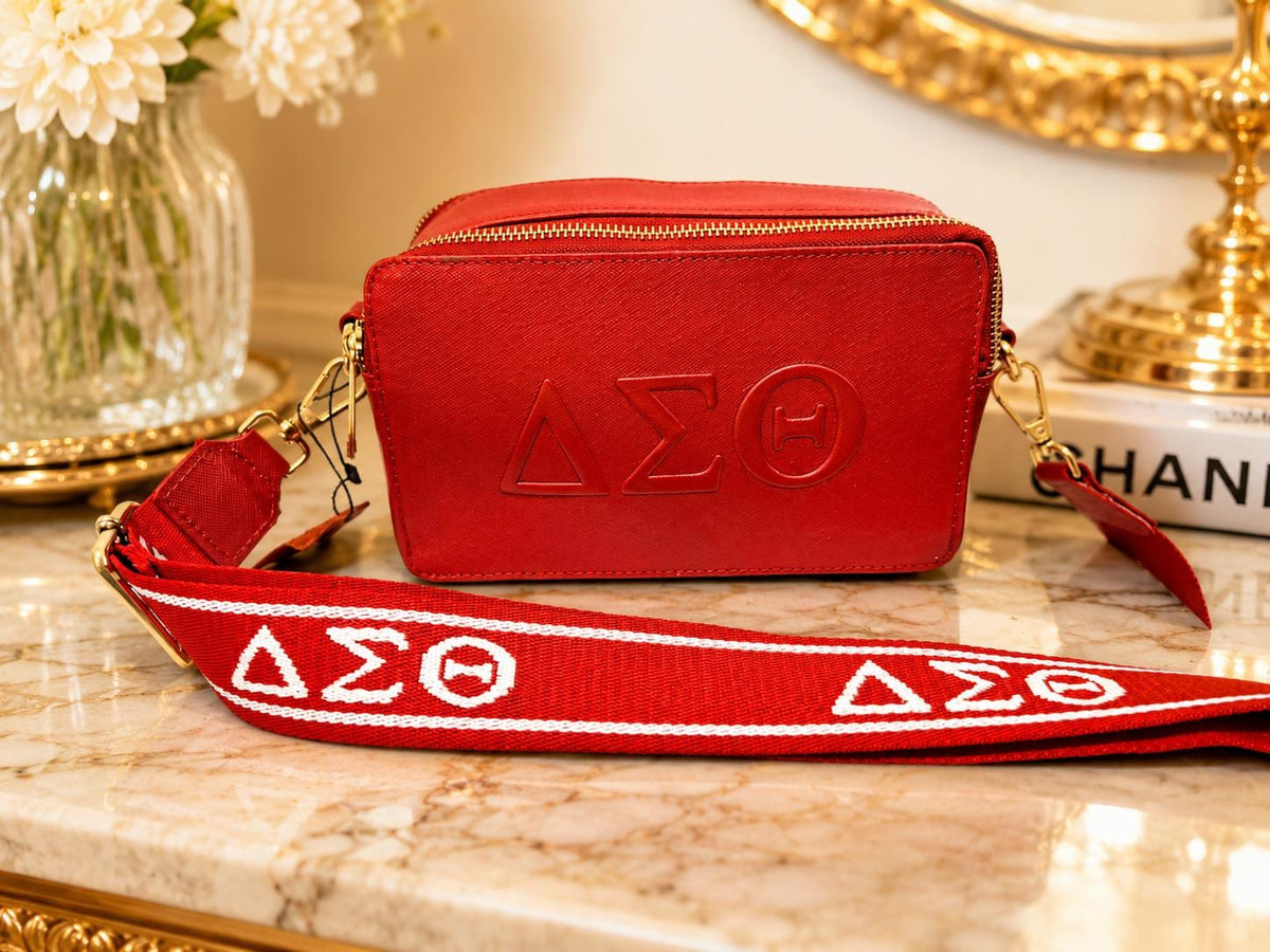 Delta Sigma Theta Red Leather Crossbody Bag | Adjustable Strap Camera Purse
