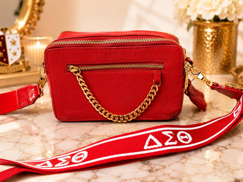 Delta Sigma Theta Red Leather Crossbody Bag | Adjustable Strap Camera Purse