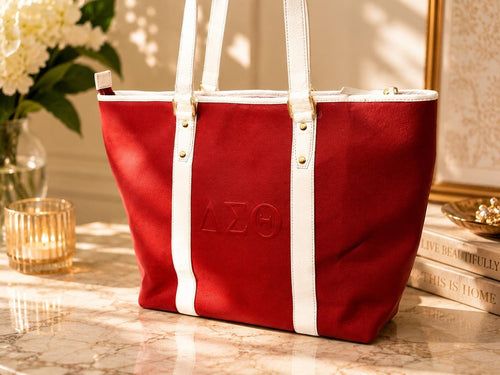 Delta Sigma Theta Cowhide Leather Tote Bag with Laptop Sleeve | Work Bag for Women
