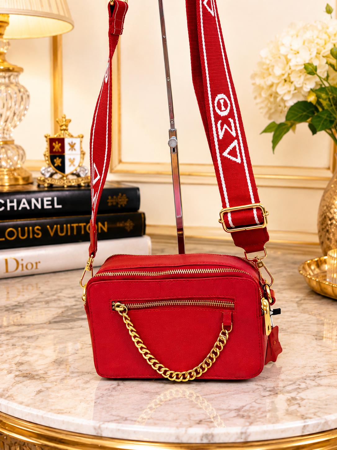 Delta Sigma Theta Red Leather Crossbody Bag | Adjustable Strap Camera Purse
