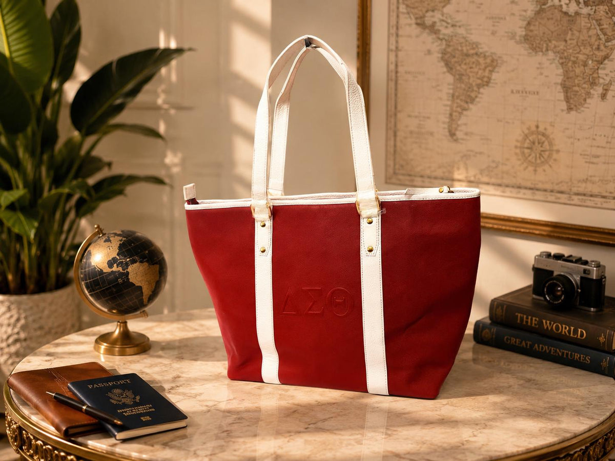 Delta Sigma Theta Cowhide Leather Tote Bag with Laptop Sleeve | Work Bag for Women